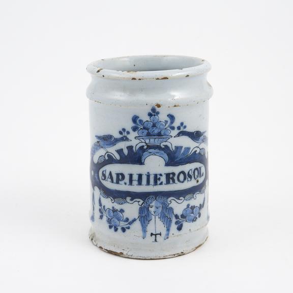 Tin-glazed earthenware drug jar, used for a purgative ?, Dutch