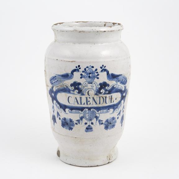 Tin-glazed earthenware drug jar, peacock motif