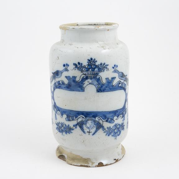 Tin glazed earthenware drug jar, peacock motif, Dutch, 1701-1750