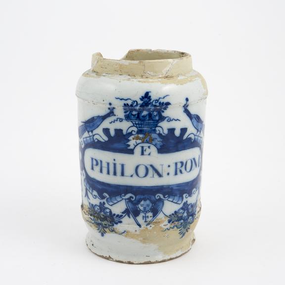 Tin-glazed earthenware drug jar, peacock motif