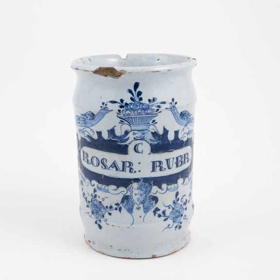 Tin-glazed earthenware drug jar, peacock motif