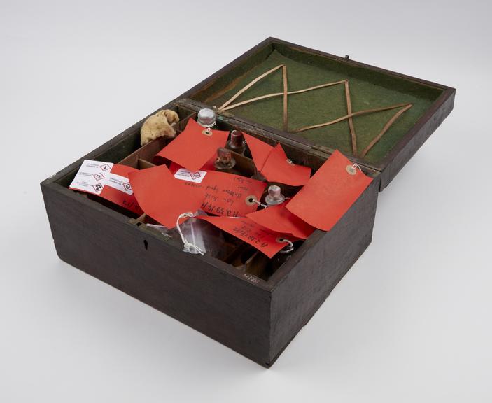 Medicine chest, hinged lid, with 18 glass bottles, 13 labelled