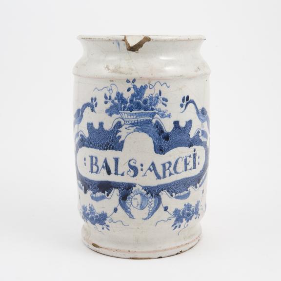 Tin glazed earthenware drug jar, peacock motif