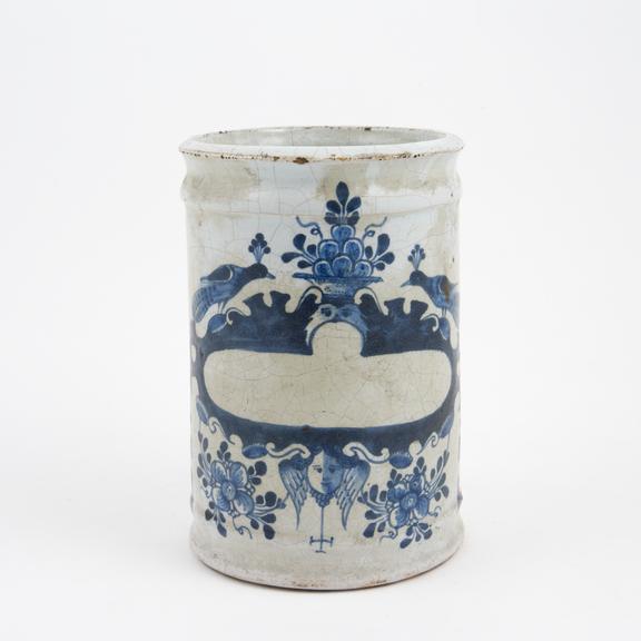 Tin glazed earthenware drug jar, peacock motif, Dutch, 1730-1780