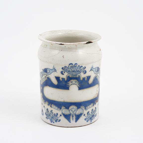 Tin-glazed earthenware drug jar, bird and basket pattern, Dutch