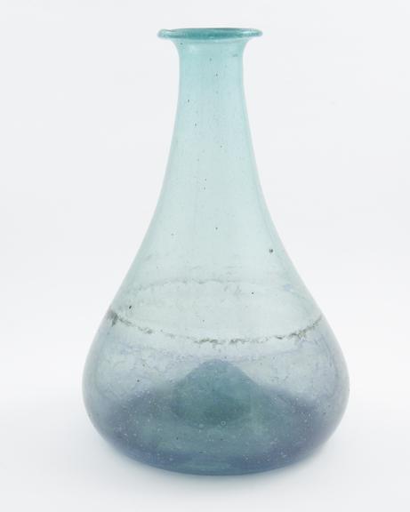 Blue glass flask, bulbous body, tapering neck, European