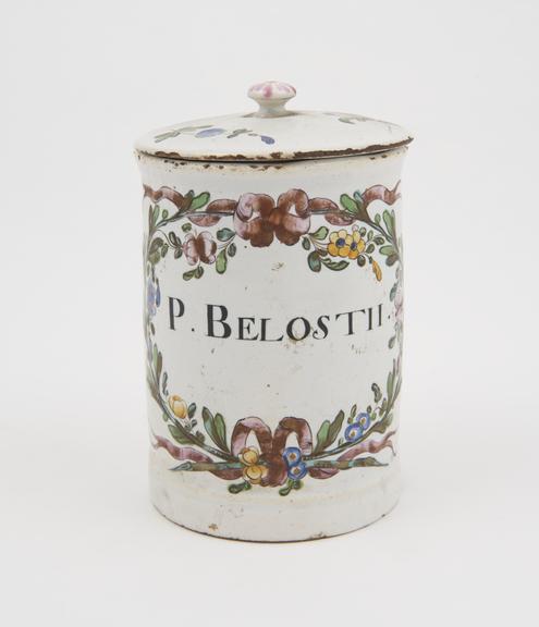 Tin glazed earthenware drug jar, used for Belloste's pills