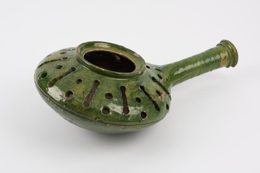 Warming pan, earthenware, from Lisieux, green glaze, French