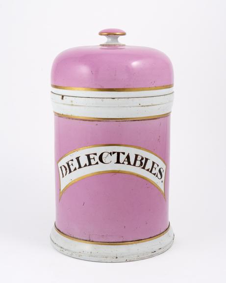 Fine earthenware storage jar with lid  for delectables, English