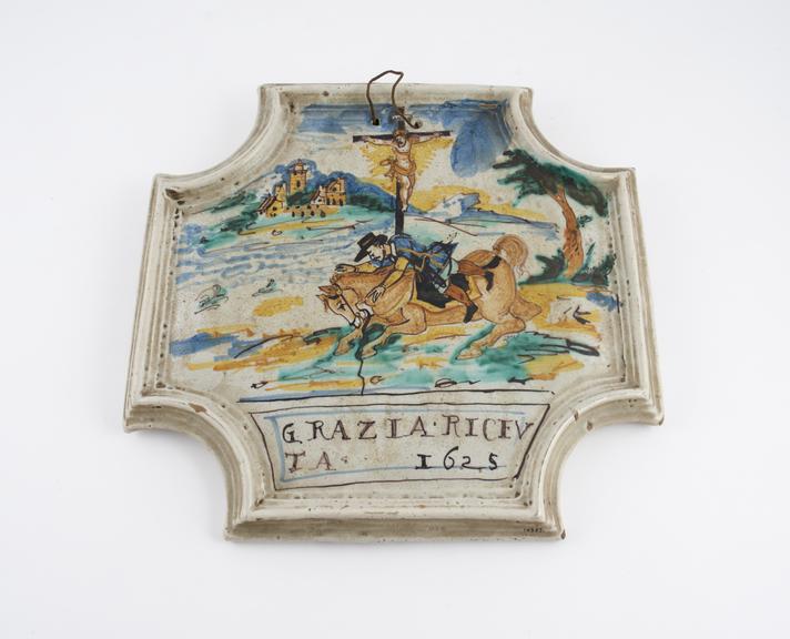 Votive plaque, Italian, 1625, maiolica