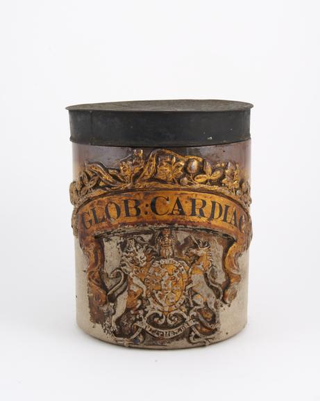 Stoneware drug jar with lid for GLOB:CARDIAC', English