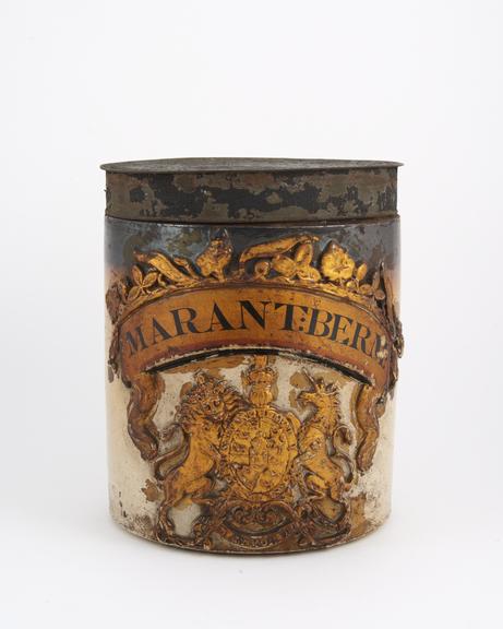 Brown stoneware drug jar, cylindrical with metal lid