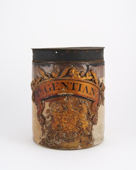 Drug jar, stoneware, glazed, with lid, English