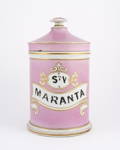 Pink earthenware sotrage jar for arrow root, from N.F