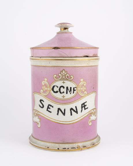 Earthenware drug jar for CONF SENNAE', with lid, English