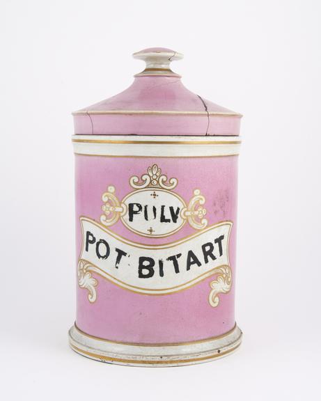 Pink fine earthenware storage jar for powdered potassium acid