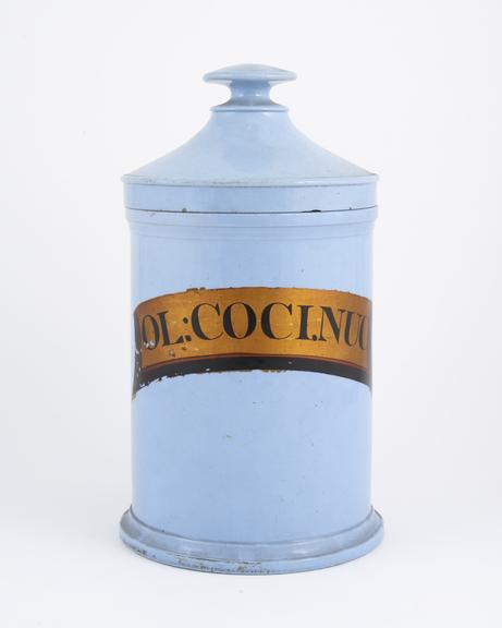 Blue pottery drug jar, cylindrical, with conical lid