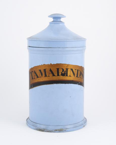 Blue pottery drug jar, cylindrical, conical lid