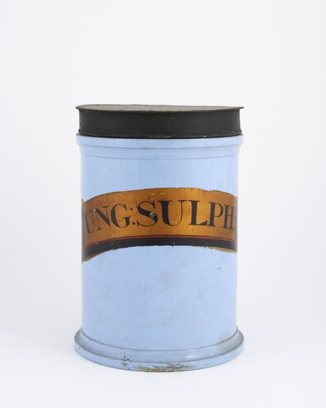 Pale blue drug jar with gold label, for UNG:SULPH:'