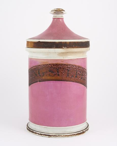 Pharmacy storage jar, English, late 19th century pink porcelain