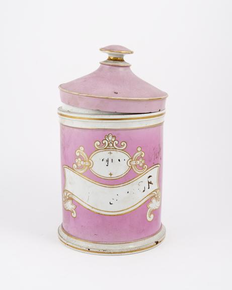 Fine earthenware drug storage jar with lid, from N.F