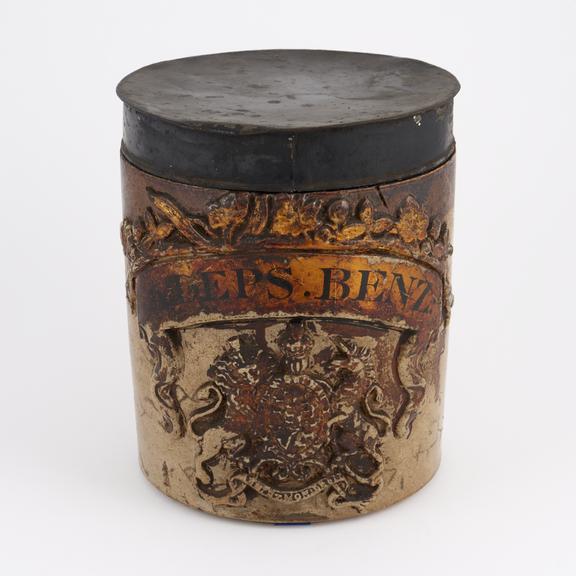 Brown stoneware drug jar, cylindrical, with metal lid