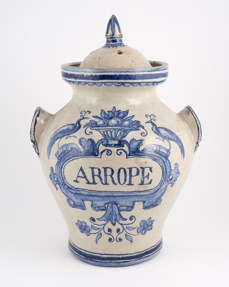 Tin-glazed earthenware storage jar for arrope, Spanish