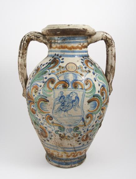 Large painted vase, earthenware, glazed, European