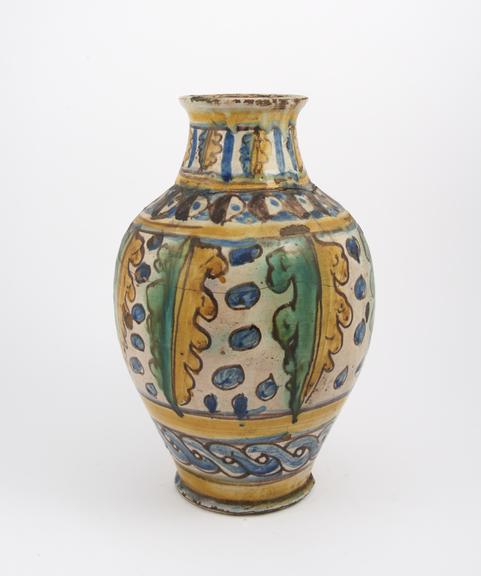 Tin-glazed earthenware drug storage jar, Italian 17th century