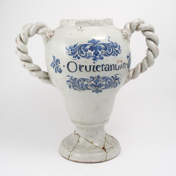 Majolica drug jar, two handles, for Orvietanum, French