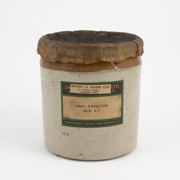 Salt glazed stoneware storage jar for white paraffin ointment