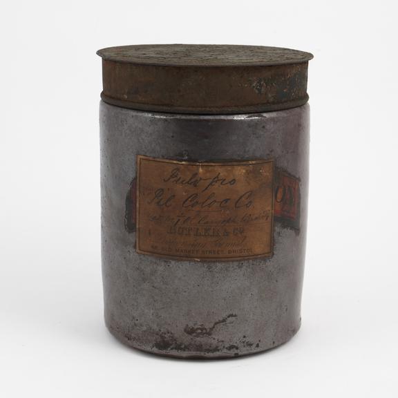 Drug jar, stoneware, glazed, with lid, for colocynth pills