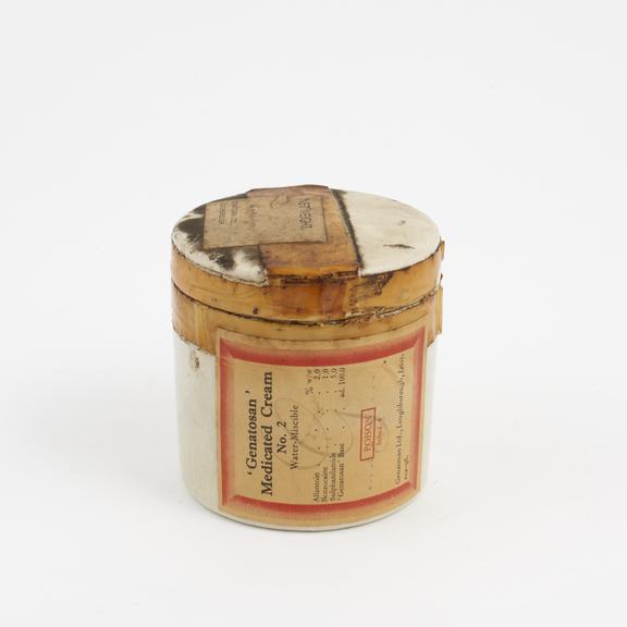 Salt-glazed stoneware dispensing pot for Genatosan ointment no