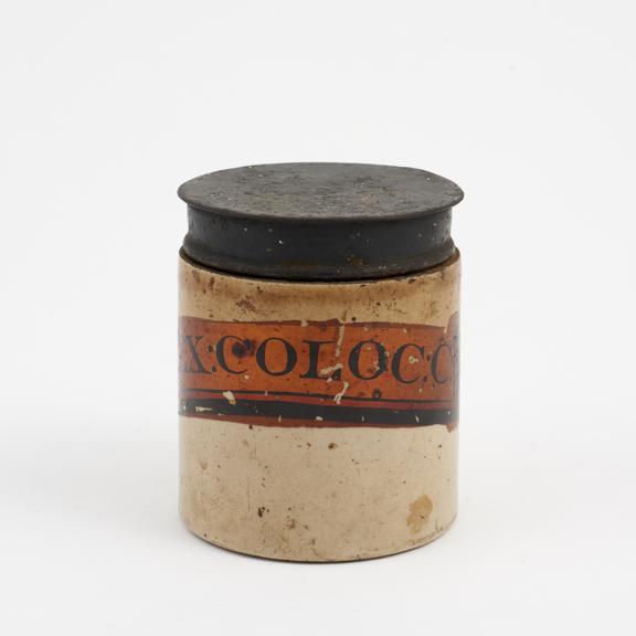 Salt-glazed stoneware dispensing pot for compound colocynth