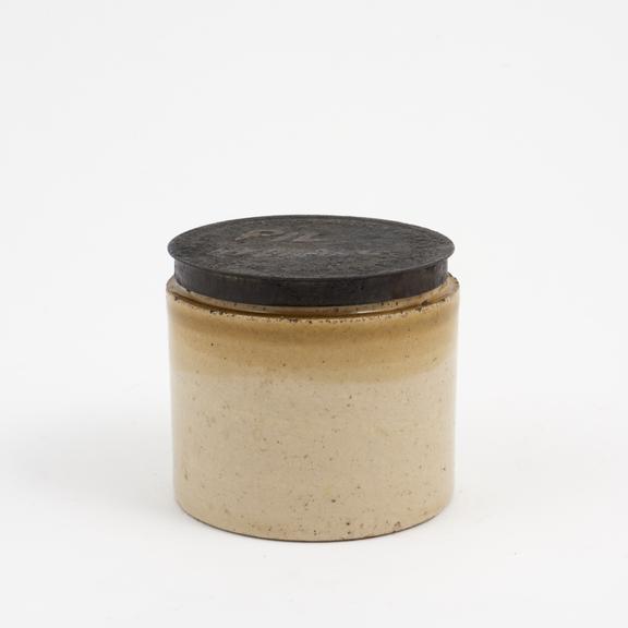 Salt-glazed stoneware dispensing pot for mercury pills, English