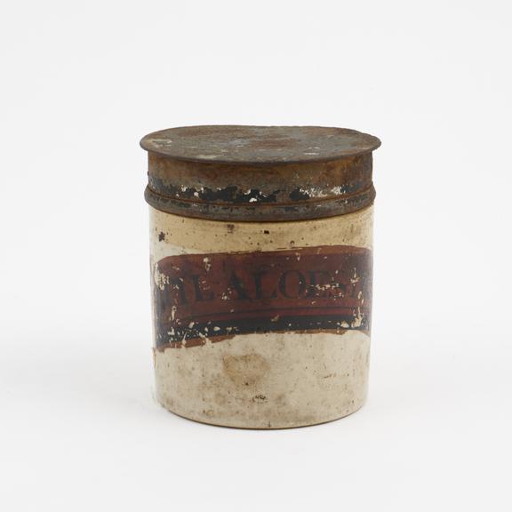 Small salt-glazed stoneware dispensing pot for aloes pills