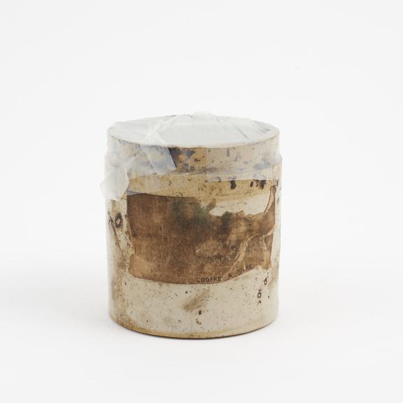 Dispensing pot, stoneware, glazed, contents unidentified