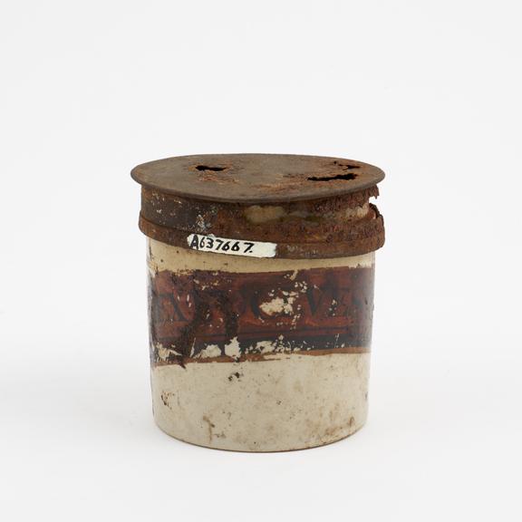 Dispensing pot, stoneware, glazed, with lid