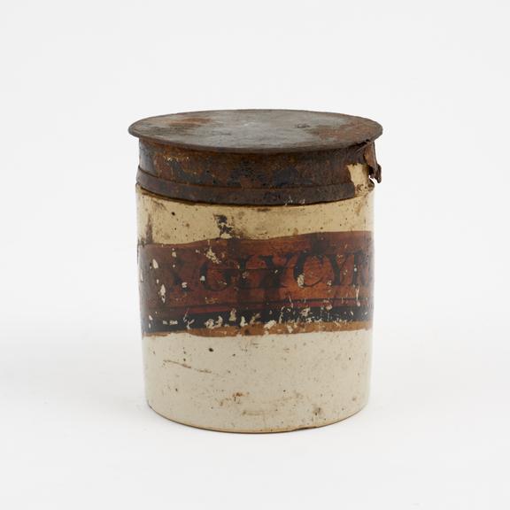 Small salt-glaze stoneware dispensing pot for liquorice extract