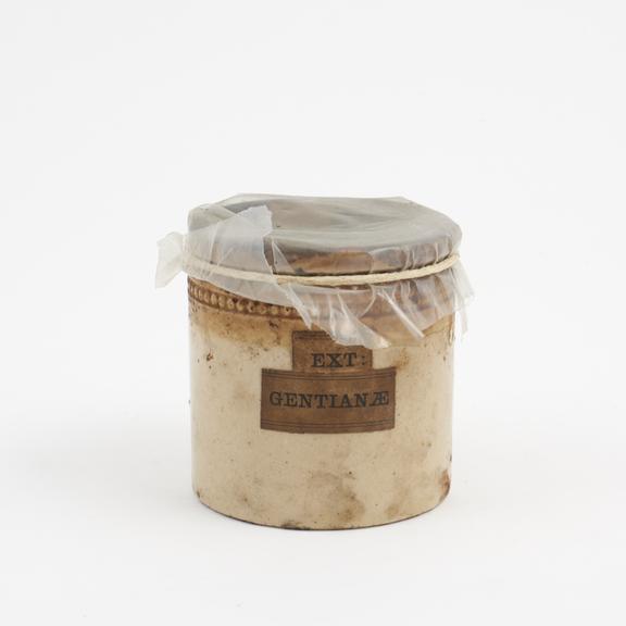 Stoneware dispensing pot used for gentian extract