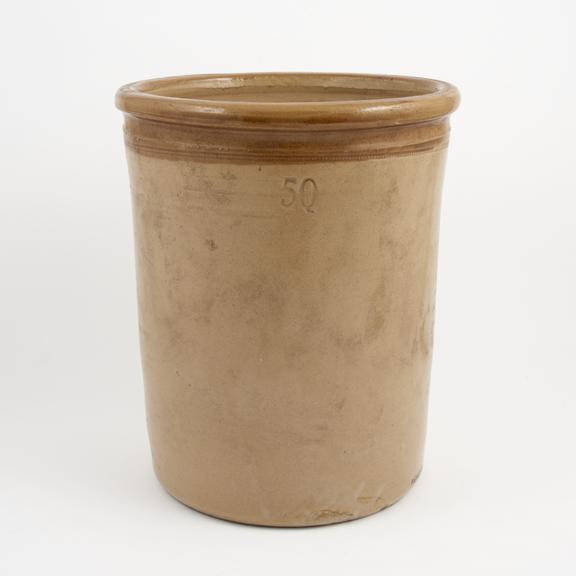 Cylindrical cream-glazed stoneware pharmacy jar, no lid