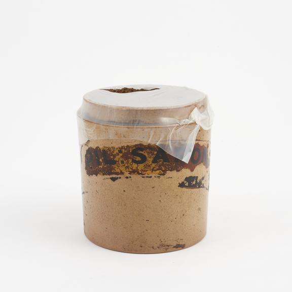 Dispensing pot, stoneware, glazed, for saponaria pills, English
