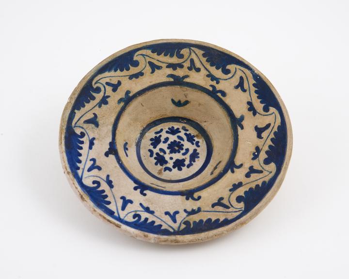 Pharmacy bowl, European, perhaps 1701-1850, blue majolica