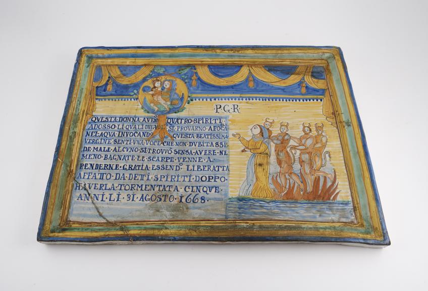 Votive plaque, earthenware, tin glazed, from Deruta, Italian