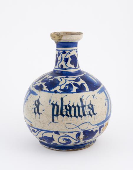 Drug bottle, Faenza, Italy c1500-50, labelled a. planta