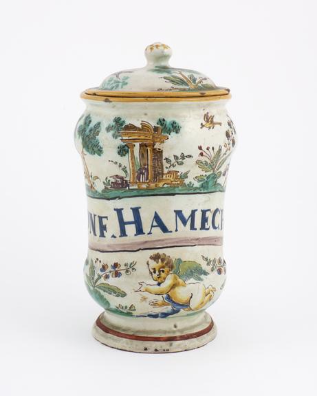 French albarello vase, c18 polychrome unaiolica