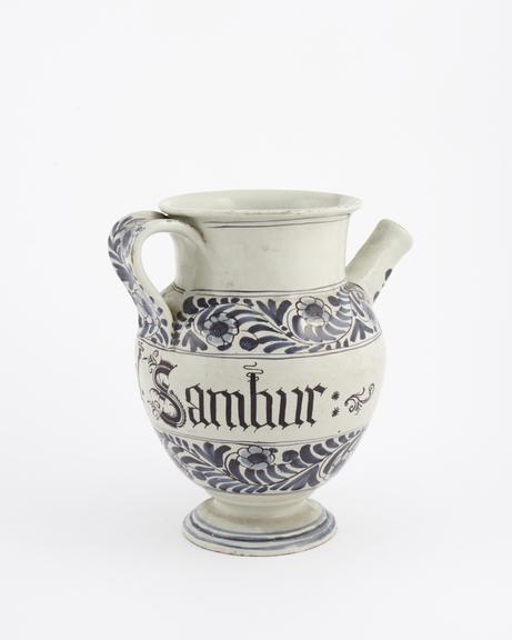 Italian syrup jug, early C18 blue and white from Liguria