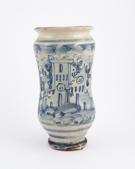 Albarello vase, Italian, 1710-1790, blue and white maiolica