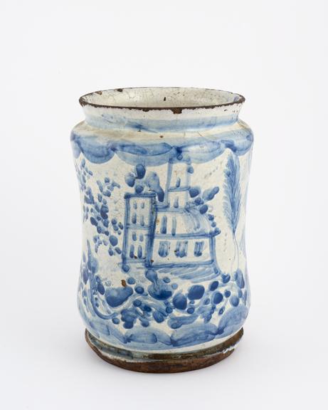 Albarello vase, Italian, 18th century blue and white maiolica