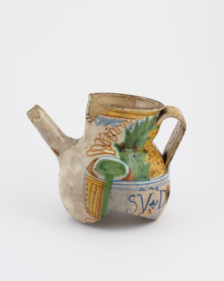 Tin-glazed earthenware syrup jar, broken